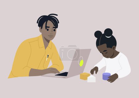 Illustration for A toddler girl deeply engrossed in her building blocks, while a parent works on their laptop nearby, skillfully juggling both work and family responsibilities - Royalty Free Image