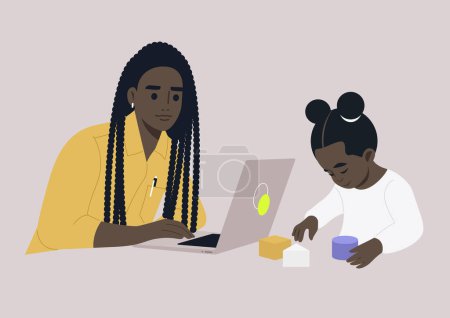Illustration for A toddler girl deeply engrossed in her building blocks, while a parent works on their laptop nearby, skillfully juggling both work and family responsibilities - Royalty Free Image