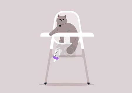 Illustration for A spoiled and envious cat has taken a child's place in a small chair and, as a protest, knocked over their bottle - Royalty Free Image