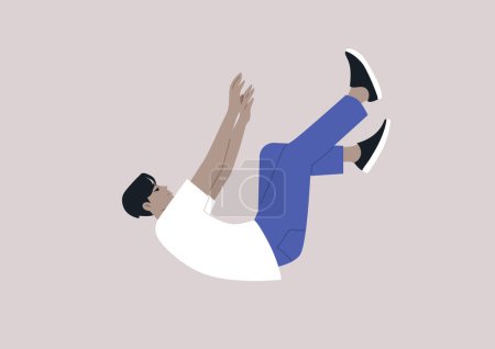 Ilustración de Un joven personaje cayendo en picado en una caída libre, sintiéndose desesperado y apático, descendiendo a un fondo de roca - Imagen libre de derechos