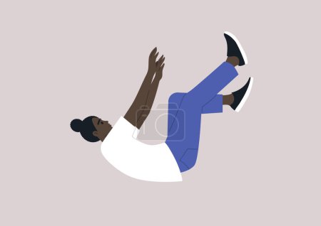 Ilustración de Un joven personaje cayendo en picado en una caída libre, sintiéndose desesperado y apático, descendiendo a un fondo de roca - Imagen libre de derechos