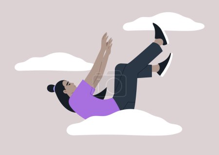 Illustration for A young character plummeting in a free fall, feeling hopeless and apathetic, descending from the clouds to a rock bottom - Royalty Free Image