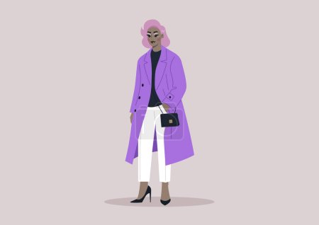 Téléchargez les illustrations : Une drag queen glamour revêtant un élégant trench coat violet, accompagné d'un petit sac à main noir - en licence libre de droit