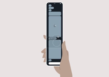 Ilustración de Un dispositivo de pantalla móvil infinitamente largo que muestra una conversación de chat continua e interminable, que simboliza un flujo de comunicación continuo e ininterrumpido - Imagen libre de derechos