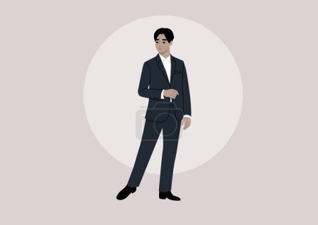 Illustration for An elegant character in a refined black tuxedo, sans bow, perfect for a sophisticated night out or a formal event - Royalty Free Image
