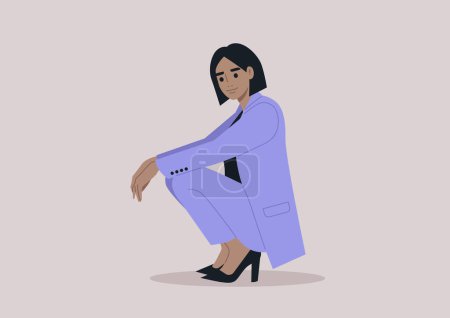 Illustration for A poised businesswoman, donned in an elegant lavender pantsuit and high heels, exudes confidence in a purposeful squat - Royalty Free Image