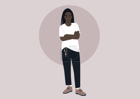 Ilustración de Un joven personaje de pie con los brazos cruzados, retratando una pose segura y serena, exuda seguridad y equilibrio - Imagen libre de derechos