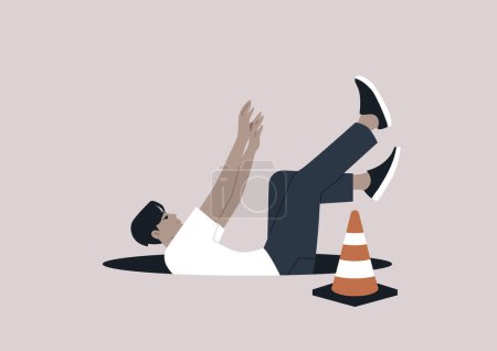 Ilustración de Un joven personaje que ignora un cono naranja y cae en una alcantarilla abierta, una imagen cautelosa sobre ignorar las señales de advertencia - Imagen libre de derechos
