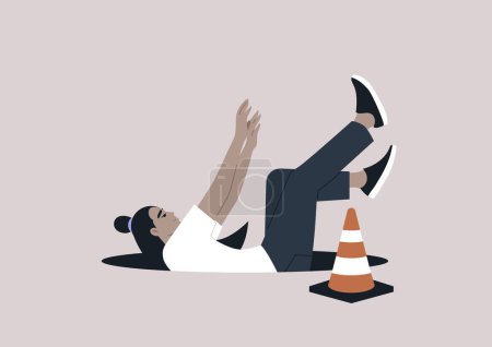 Illustration for A young character disregarding an orange cone and falling into an open manhole, a cautionary image about ignoring warning signs - Royalty Free Image