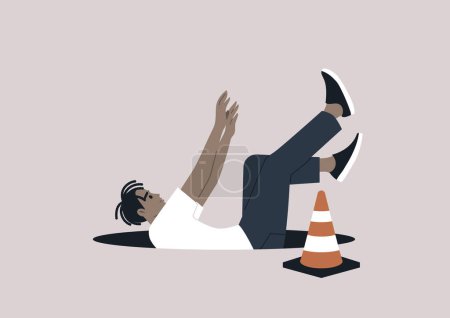 Illustration for A young character disregarding an orange cone and falling into an open manhole, a cautionary image about ignoring warning signs - Royalty Free Image