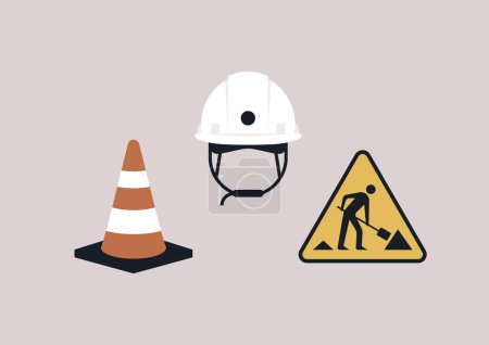 Ilustración de Un conjunto de herramientas de construcción dispuestas, con un sombrero blanco duro, un cono de tráfico naranja, y un signo de precaución amarillo que representa una silueta que sostiene una pala - Imagen libre de derechos