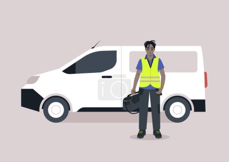 Illustration for A young character in a repair worker uniform, adorned with a yellow high-visibility vest, lanyard, and polo shirt, carrying a bag of work tools in one hand, next to panel van in a side view - Royalty Free Image