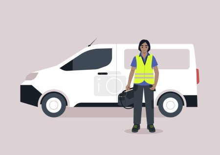 Illustration for A young character in a repair worker uniform, adorned with a yellow high-visibility vest, lanyard, and polo shirt, carrying a bag of work tools in one hand, next to panel van in a side view - Royalty Free Image