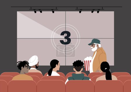 Illustration for A cinema movie screen displaying the countdown, encompassing the realm of art and entertainment, with people seated on red-upholstered chairs or approaching their seats - Royalty Free Image