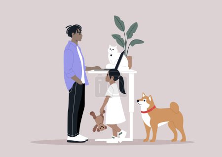 Illustration for A portrayal of work-life balance - a young parent multitasking, attending to office duties remotely while being distracted by their child and pets - Royalty Free Image