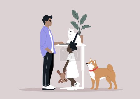 Illustration for A portrayal of work-life balance - a young parent multitasking, attending to office duties remotely while being distracted by their child and pets - Royalty Free Image