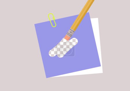 Illustration for The pencil eraser deletes information, making the surface it was written on transparent, like an empty layer in a graphic editor program - Royalty Free Image