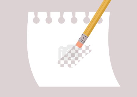 Illustration for The pencil eraser deletes information, making the surface it was written on transparent, like an empty layer in a graphic editor program - Royalty Free Image