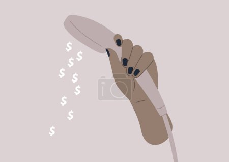 Illustration for Dollars streaming through a showerhead symbolizes the strain of high utility bills - Royalty Free Image
