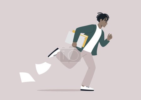 Illustration for A young individual rushes down the corridor, hurrying to an important meeting, papers slipping from their grasp as they navigate the brisk pace - Royalty Free Image
