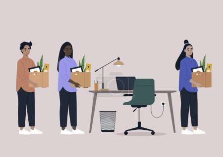 Illustration for The turnover concept unfolds with a group of employees lined up, anticipating the workplace to become available for the next individual in the queue - Royalty Free Image