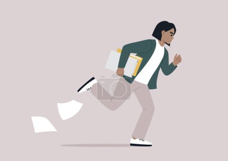 Illustration for A young individual rushes down the corridor, hurrying to an important meeting, papers slipping from their grasp as they navigate the brisk pace - Royalty Free Image