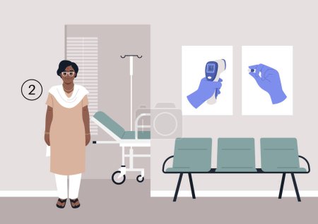 Illustration for An elderly individual patiently waits in the hospital corridor, anticipating their annual checkup - Royalty Free Image