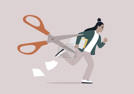 Illustration for A staff layoff concept represented by a young character metaphorically pursued by a menacing pair of scissors, symbolizing the looming threat of downsizing due to changes in business priorities - Royalty Free Image