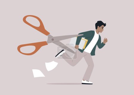 Illustration for A staff layoff concept represented by a young character metaphorically pursued by a menacing pair of scissors, symbolizing the looming threat of downsizing due to changes in business priorities - Royalty Free Image