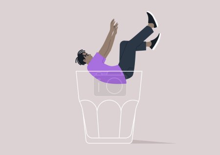 Illustration for A character falling into the depths of an empty glass, symbolizing the descent into the metaphorical rock bottom, associated with alcohol problems - Royalty Free Image