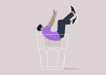 Illustration for A character falling into the depths of an empty glass, symbolizing the descent into the metaphorical rock bottom, associated with alcohol problems - Royalty Free Image