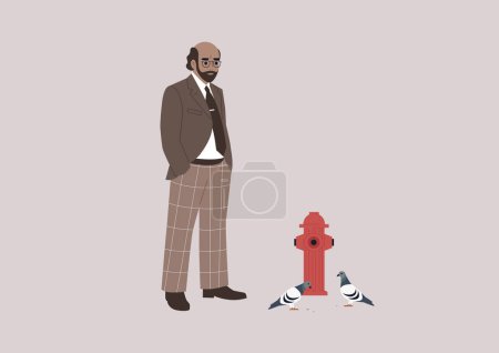Illustration for A balding university professor, clad in a classic jacket and trousers, deeply contemplates something while observing pigeons on the street - Royalty Free Image