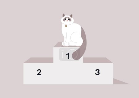 Téléchargez les illustrations : Un magnifique ragdoll gagnant d'un concours de beauté de chat assis sur le podium - en licence libre de droit