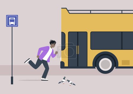 Illustration for In the hustle of daily life, a young individual sprints to catch a bus that has just departed from the stop, capturing the essence of the stressful and dynamic nature of daily commuting - Royalty Free Image