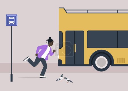 Illustration for In the hustle of daily life, a young individual sprints to catch a bus that has just departed from the stop, capturing the essence of the stressful and dynamic nature of daily commuting - Royalty Free Image