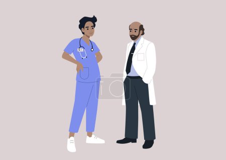 Illustration for An intern is gaining hands-on experience in the clinics, learning from a doctor, the educational aspect of an internship, where students absorb practical knowledge under the guidance of mentors - Royalty Free Image
