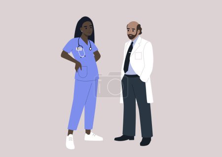 Illustration for An intern is gaining hands-on experience in the clinics, learning from a doctor, the educational aspect of an internship, where students absorb practical knowledge under the guidance of mentors - Royalty Free Image