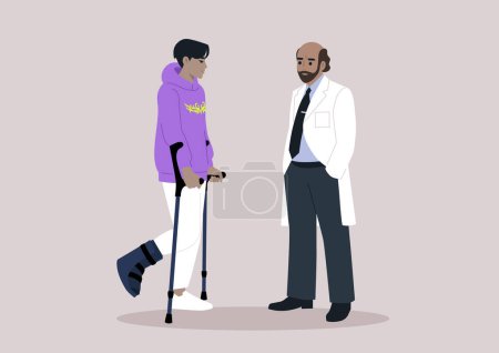 Illustration for A young character, utilizing crutches and a hard shell boot to support a fractured leg, attends a checkup appointment with a doctor, the ongoing journey of recovery and healing - Royalty Free Image