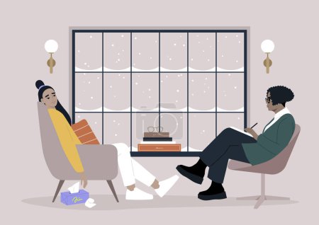 Illustration for A psychotherapy session unfolds in a comfortably furnished office, addressing mental health issues, a safe and supportive environment for individuals seeking assistance and guidance - Royalty Free Image