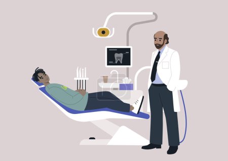 Ilustración de En una clínica dental, un paciente se sienta en una silla de dentista rodeado de varias herramientas, incluyendo un monitor que muestra una imagen de rayos X, que participan en una discusión sobre el plan de tratamiento con un médico - Imagen libre de derechos