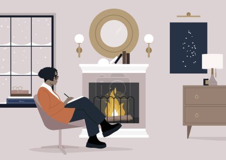 A peaceful moment of introspection, with a woman writing in a notebook while comfortably seated by a crackling fireplace in a well-appointed living room