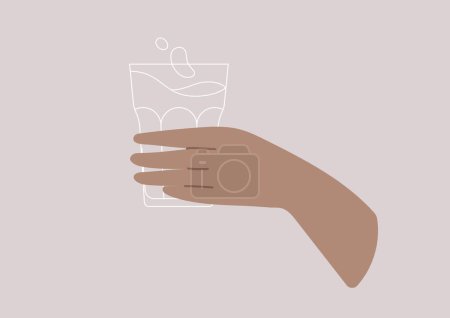 Una mano acuna con gracia un vaso de cristal lleno de agua pura y brillante, capturando la esencia de la reposición y la hidratación