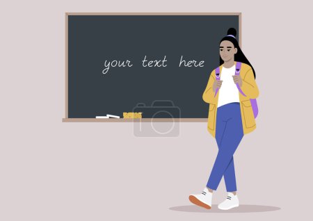 Illustration for A pensive student standing by a chalkboard with space for text, possibly contemplating the days lesson or preparing to contribute her own thoughts - Royalty Free Image