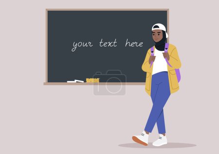 Illustration for A pensive student standing by a chalkboard with space for text, possibly contemplating the days lesson or preparing to contribute her own thoughts - Royalty Free Image