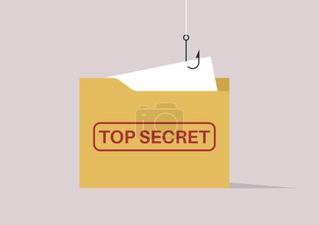 This imaginative illustration depicts a top-secret file, cleverly ensnared by a fish hook, symbolizing the dangerous allure of classified information.