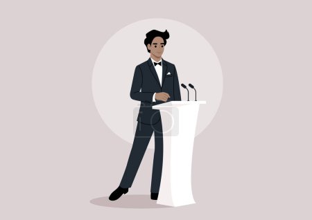 Illustration for Distinguished Orator Delivering an Eloquent Speech at a Podium, A poised character in a formal suit stands with confidence as they address an unseen audience from behind a modern rostrum - Royalty Free Image