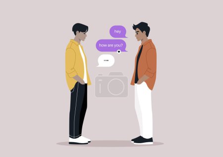 La imagen captura una interacción moderna de dos amigos que intercambian saludos a través de burbujas de texto, mostrando la mezcla de comunicación digital con el encuentro cara a cara