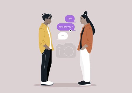 The image captures a modern interaction of two friends exchanging greetings through text bubbles, showcasing the blend of digital communication with face-to-face encounter