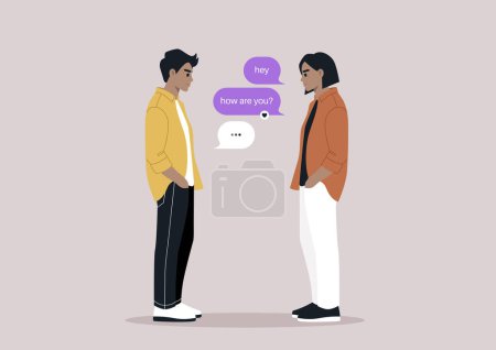 The image captures a modern interaction of two friends exchanging greetings through text bubbles, showcasing the blend of digital communication with face-to-face encounter