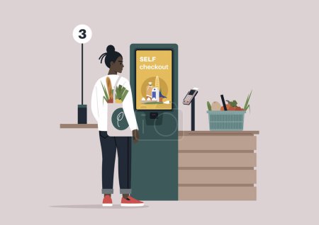 Ilustración de Un cliente interactúa casualmente con una terminal de pago de autoservicio fácil de usar en una tienda de comestibles, combinando tecnología y conveniencia en las compras diarias. - Imagen libre de derechos